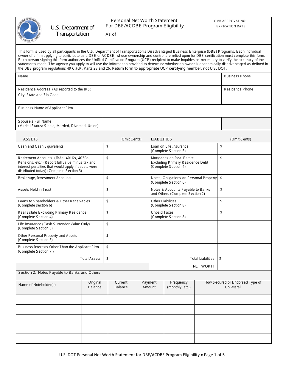 Personal Net Worthstatement for Dbe / Acdbe Program Eligibility Form - Michigan, Page 1