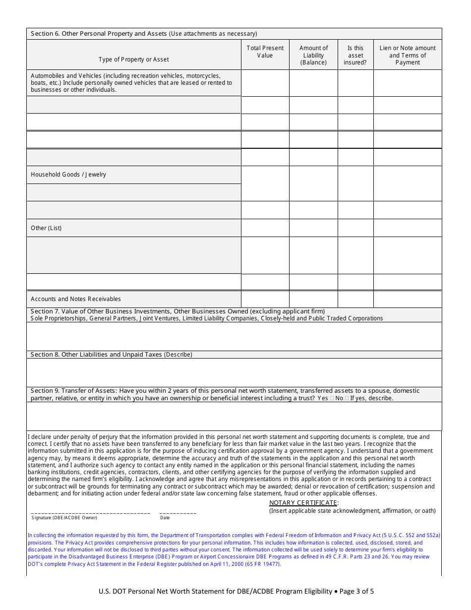 Personal Net Worthstatement for Dbe / Acdbe Program Eligibility Form - Michigan, Page 3