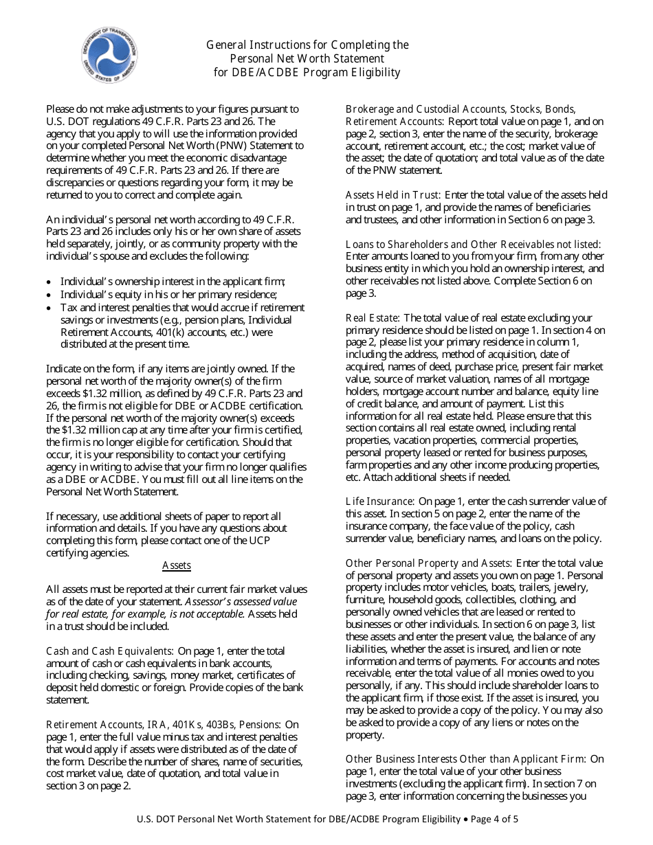 Personal Net Worthstatement for Dbe / Acdbe Program Eligibility Form - Michigan, Page 4