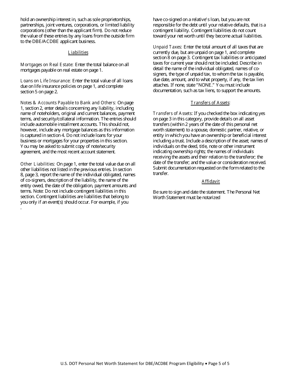 Personal Net Worthstatement for Dbe / Acdbe Program Eligibility Form - Michigan, Page 5
