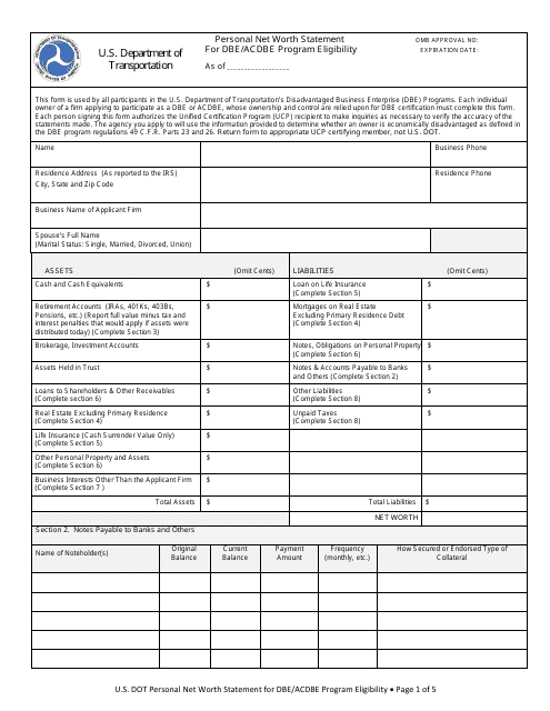 Personal Net Worthstatement for Dbe / Acdbe Program Eligibility Form - Michigan Download Pdf
