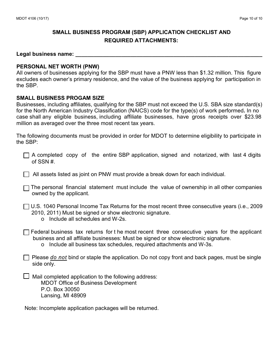 Form 4106 Small Business Program Application - Michigan, Page 10