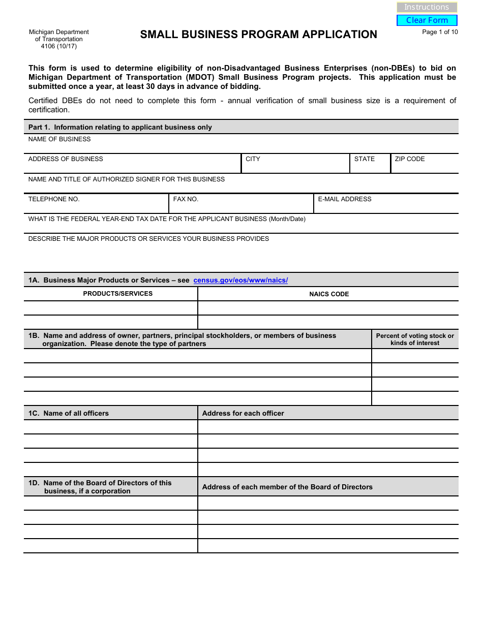 Form 4106 Small Business Program Application - Michigan, Page 1
