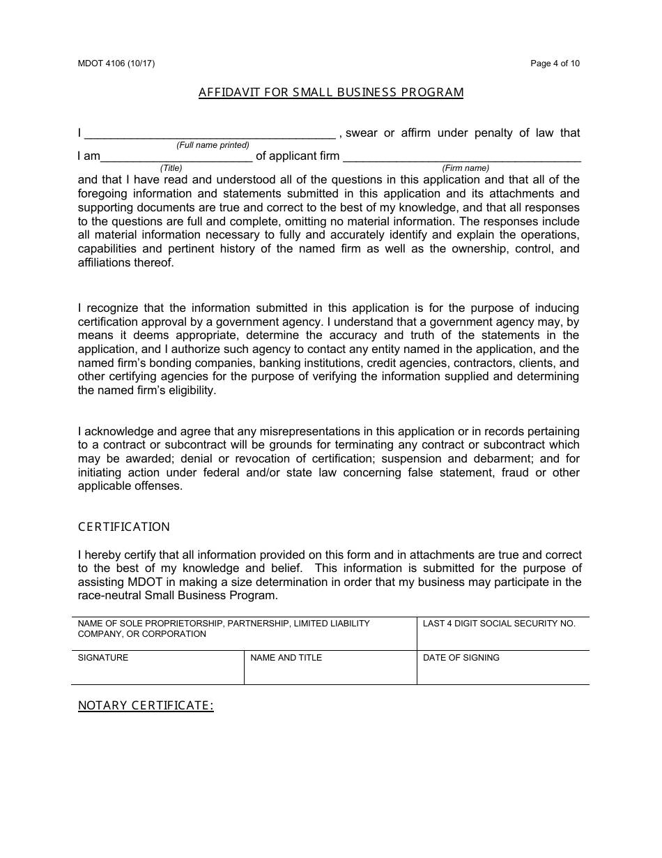 Form 4106 Small Business Program Application - Michigan, Page 4