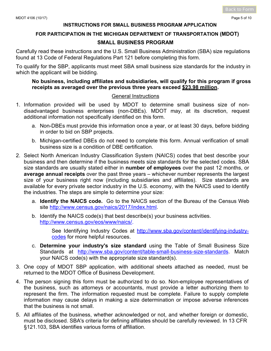 Form 4106 Small Business Program Application - Michigan, Page 5