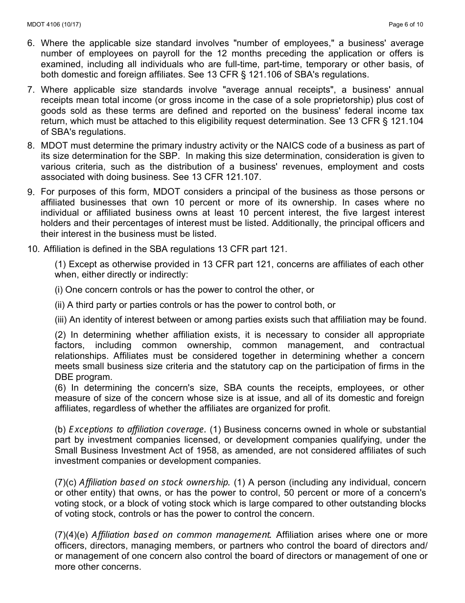 Form 4106 Small Business Program Application - Michigan, Page 6