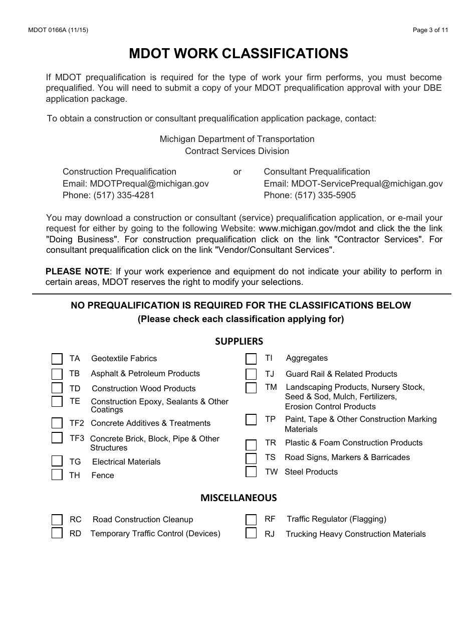 Form 0166A Dbe Certification Additional Information Required - Michigan, Page 3
