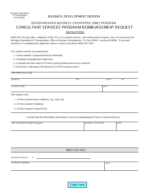 Form 0163 Consultant Services Program Reimbursement Request - Michigan