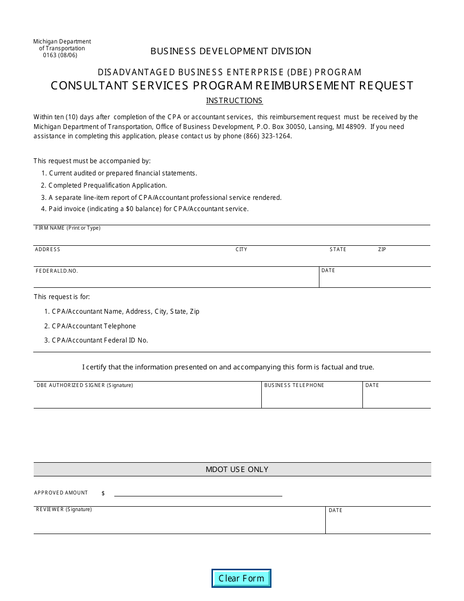 Form 0163 Consultant Services Program Reimbursement Request - Michigan, Page 1
