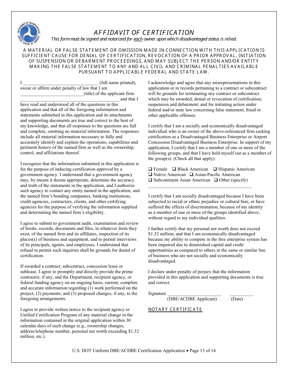 Appendix F Uniform Certification Application Form - Disadvantaged Business Enterprise (Dbe) / Airport Concession Disadvantaged Business Enterprise (Acdbe) - Michigan, Page 13