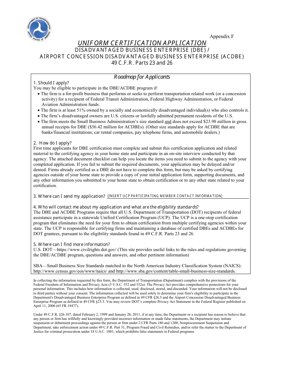 Appendix F Uniform Certification Application Form - Disadvantaged Business Enterprise (Dbe) / Airport Concession Disadvantaged Business Enterprise (Acdbe) - Michigan, Page 1
