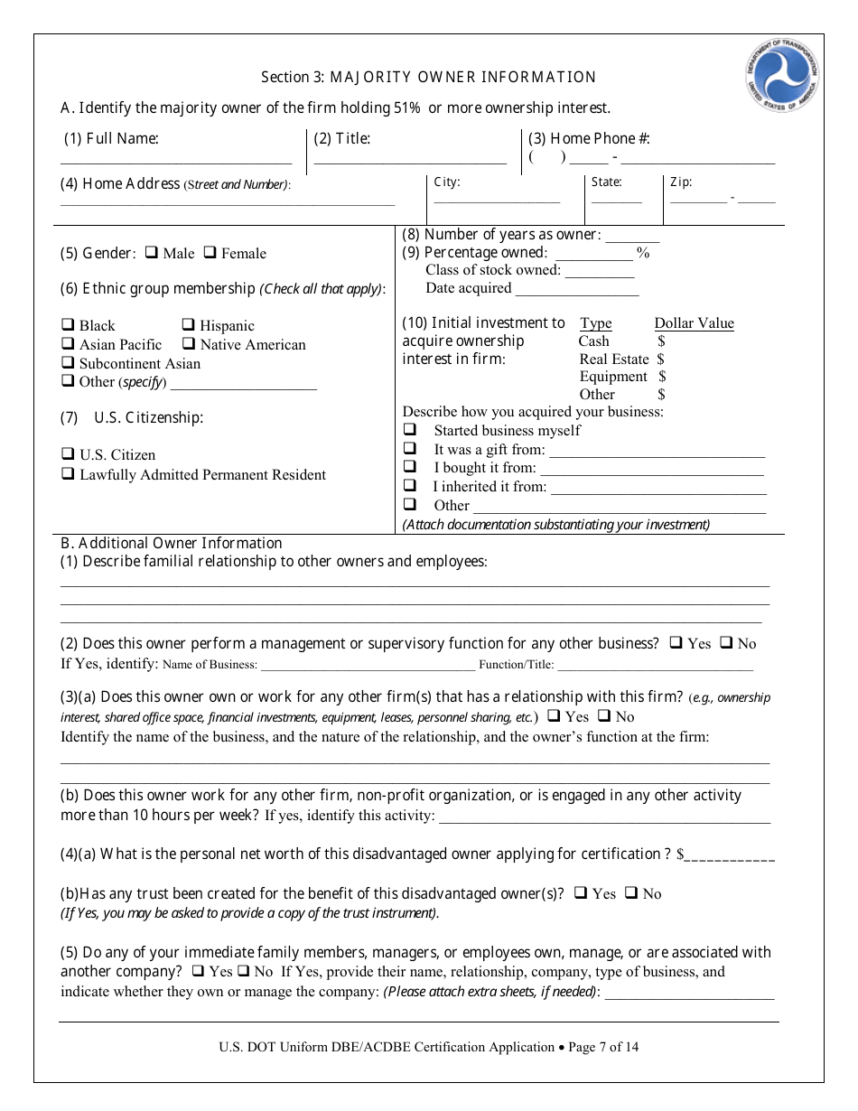 Appendix F Uniform Certification Application Form - Disadvantaged Business Enterprise (Dbe) / Airport Concession Disadvantaged Business Enterprise (Acdbe) - Michigan, Page 7