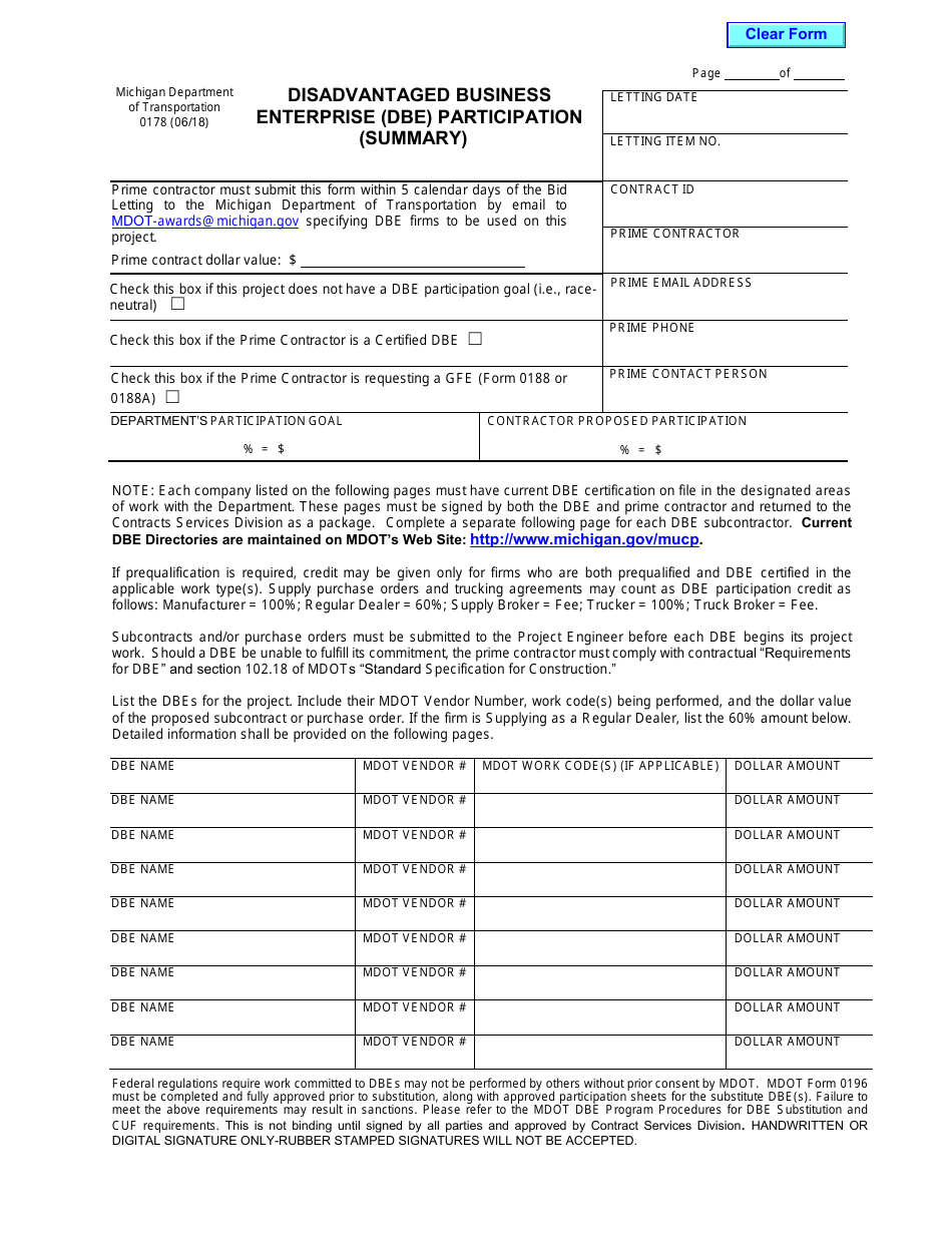 Form 0178 Disadvantaged Business Enterprise (Dbe) Participation (Summary) - Michigan, Page 1