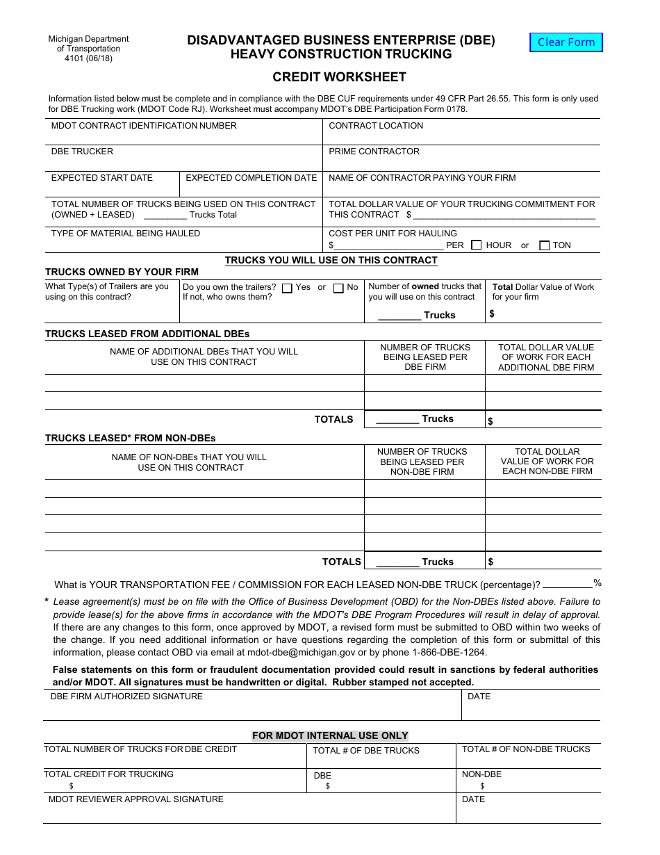 Form 4101 Disadvantaged Business Enterprise (Dbe) Heavy Construction Trucking Credit Worksheet - Michigan, Page 1