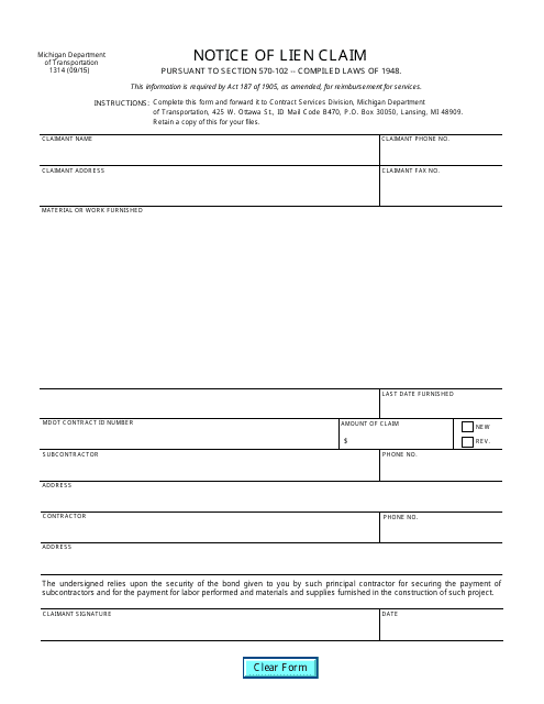 Form 1314 Notice of Lien Claim - Michigan