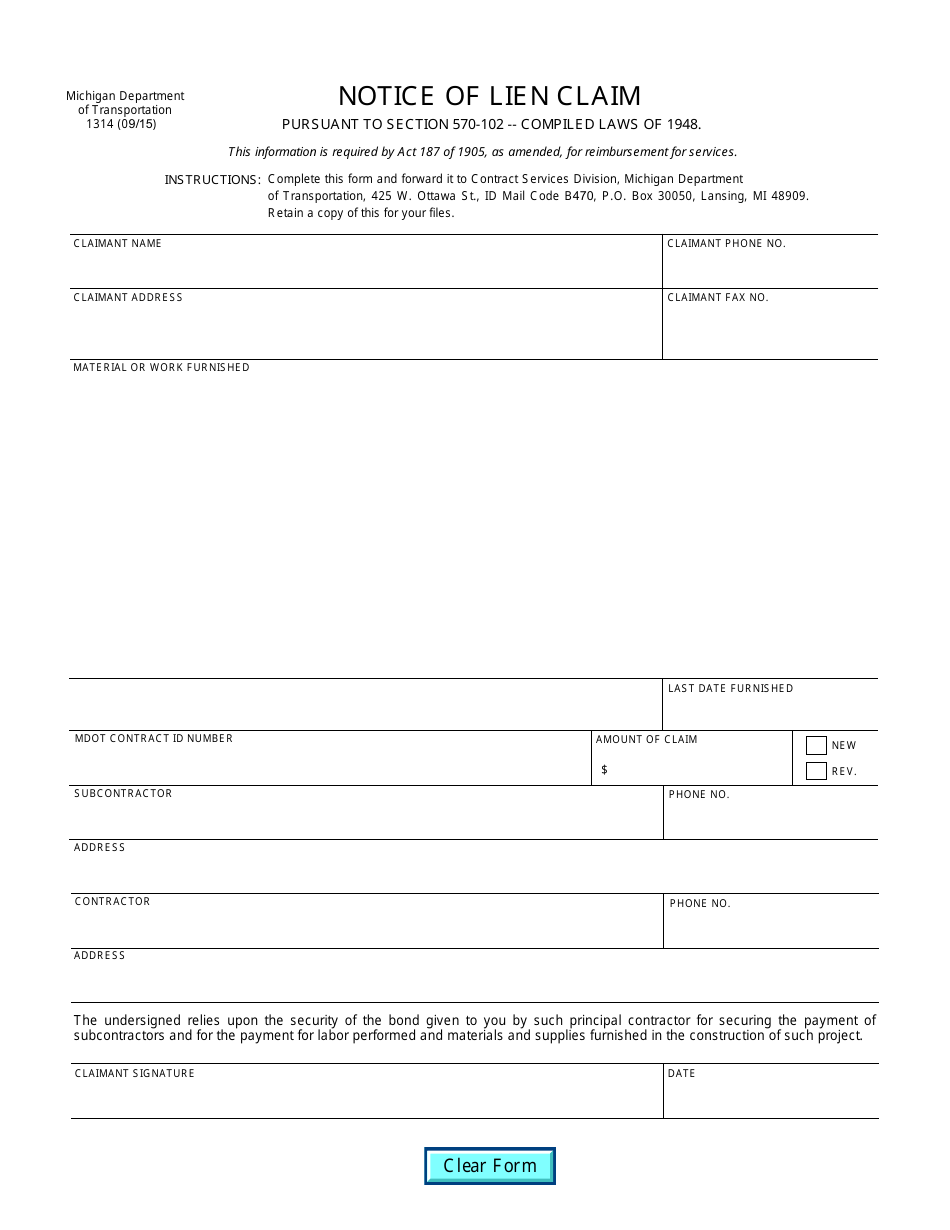 Form 1314 Notice of Lien Claim - Michigan, Page 1