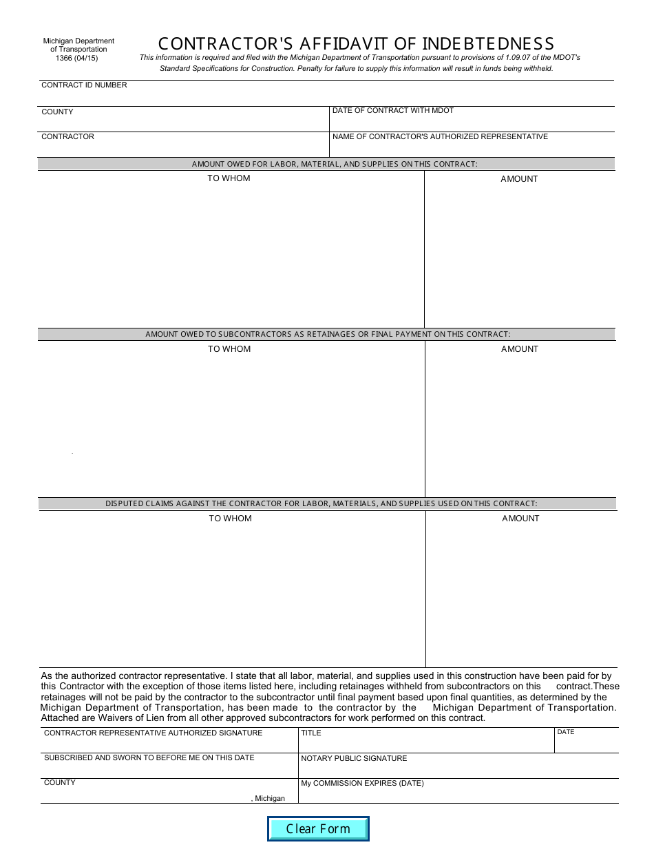 Form 1366 Contractors Affidavit of Indebtedness - Michigan, Page 1
