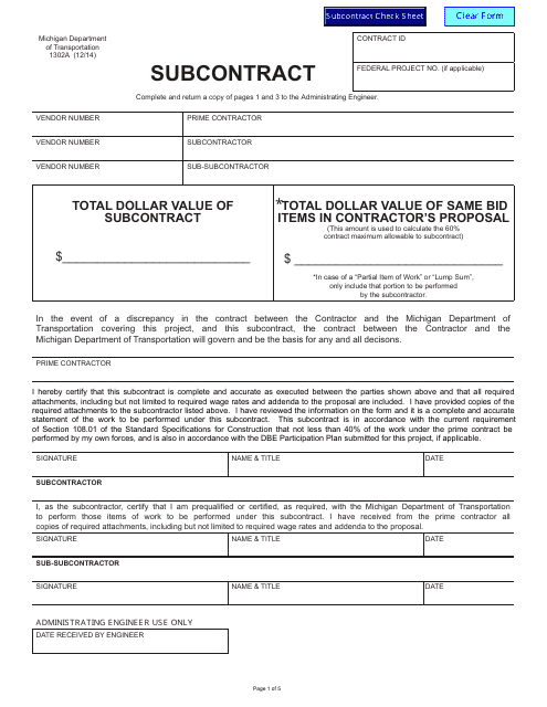 Form 1302A Subcontract - Michigan