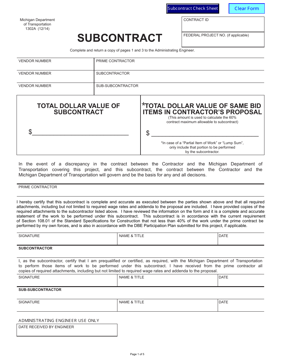 Form 1302A Subcontract - Michigan, Page 1