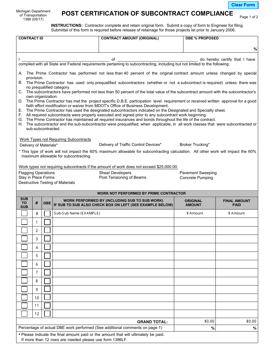 Form 1386 Post Certification of Subcontract Compliance - Michigan, Page 1