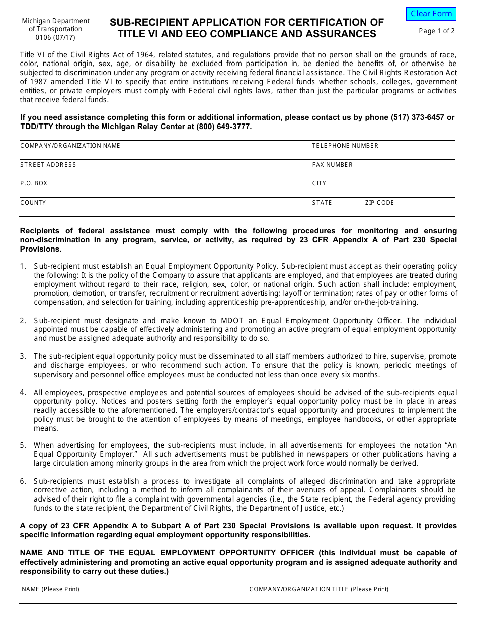 Form 0106 Sub-recipient Application for Certification of Title VI and EEO Compliance and Assurances - Michigan, Page 1