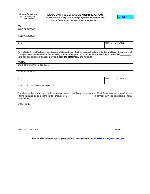 Form 1309 Account Receivable Verification - Michigan