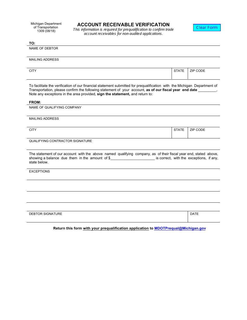 Form 1309 Account Receivable Verification - Michigan, Page 1