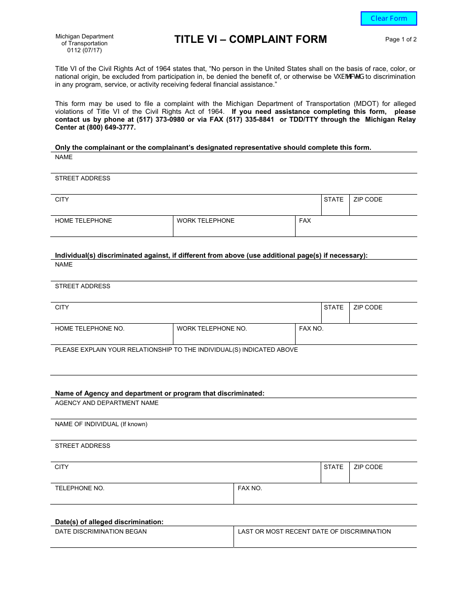 Form 0112 Fill Out, Sign Online and Download Fillable PDF, Michigan