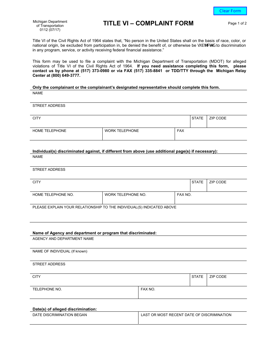 Form 0112 Title VI - Complaint Form - Michigan, Page 1