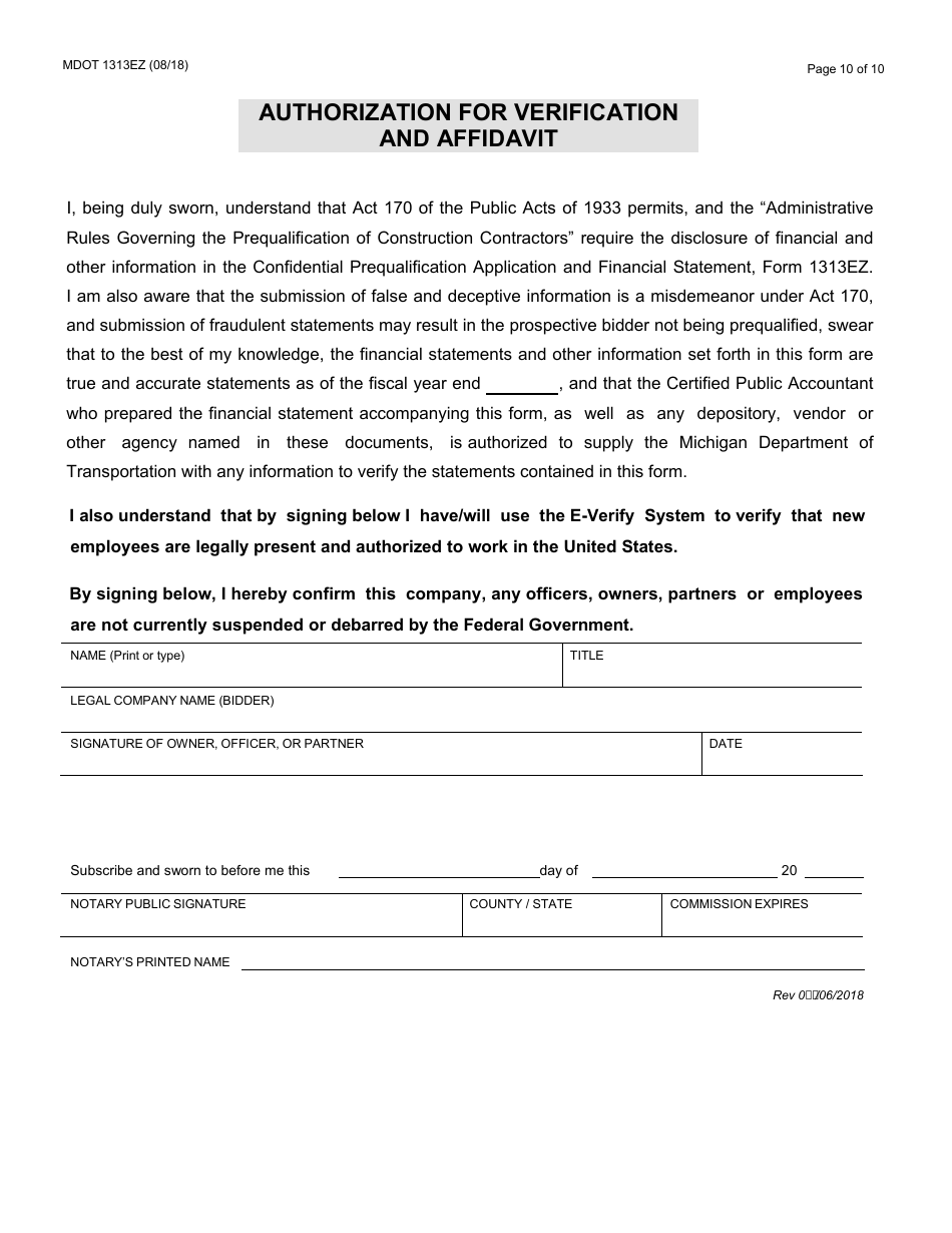Form 1313EZ Confidential Construction Prequalification Renewal Application - Michigan, Page 10