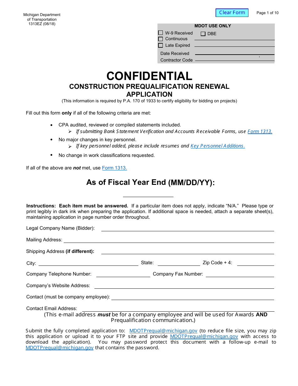 Form 1313EZ Confidential Construction Prequalification Renewal Application - Michigan, Page 1