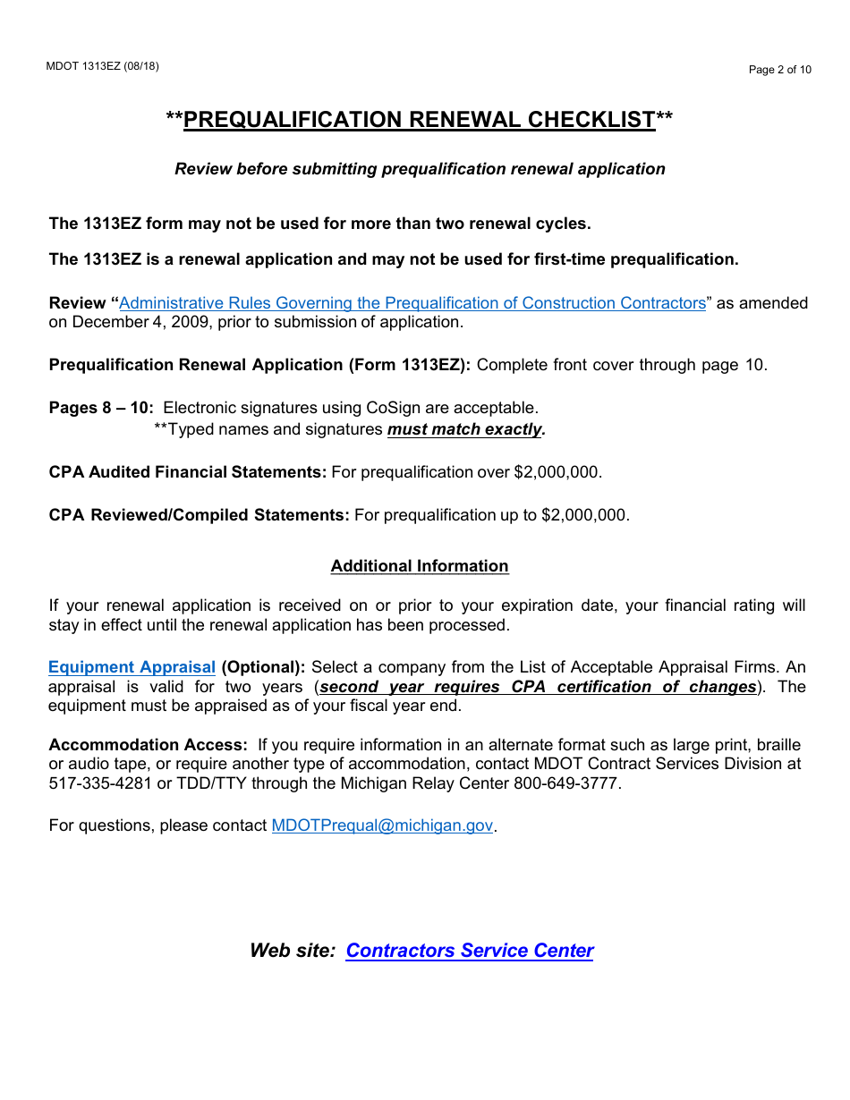 Form 1313EZ Confidential Construction Prequalification Renewal Application - Michigan, Page 2