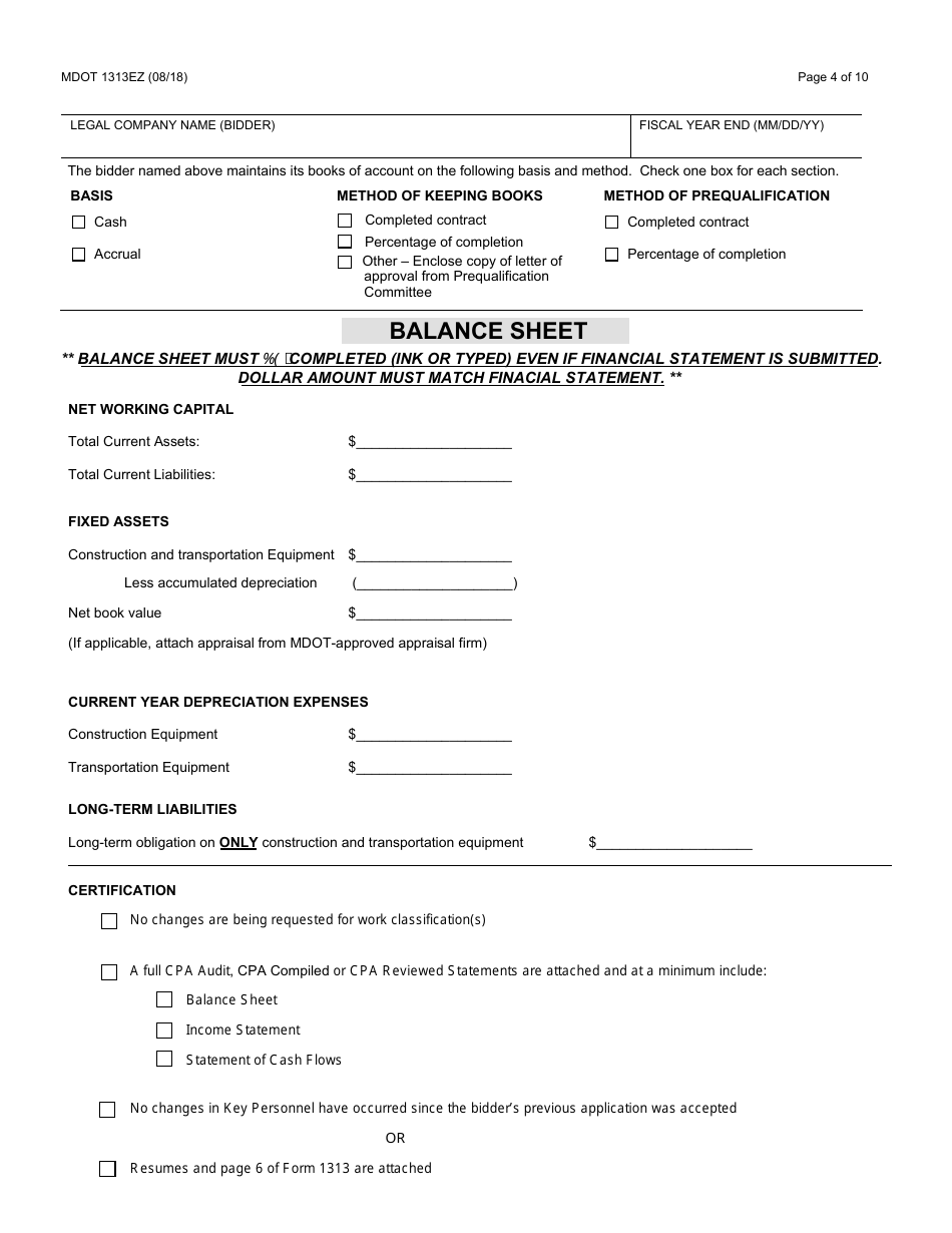 Form 1313EZ Confidential Construction Prequalification Renewal Application - Michigan, Page 4