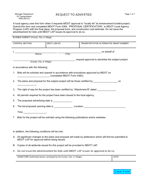 Form 0365 Request to Advertise - Local Agency Program - Michigan
