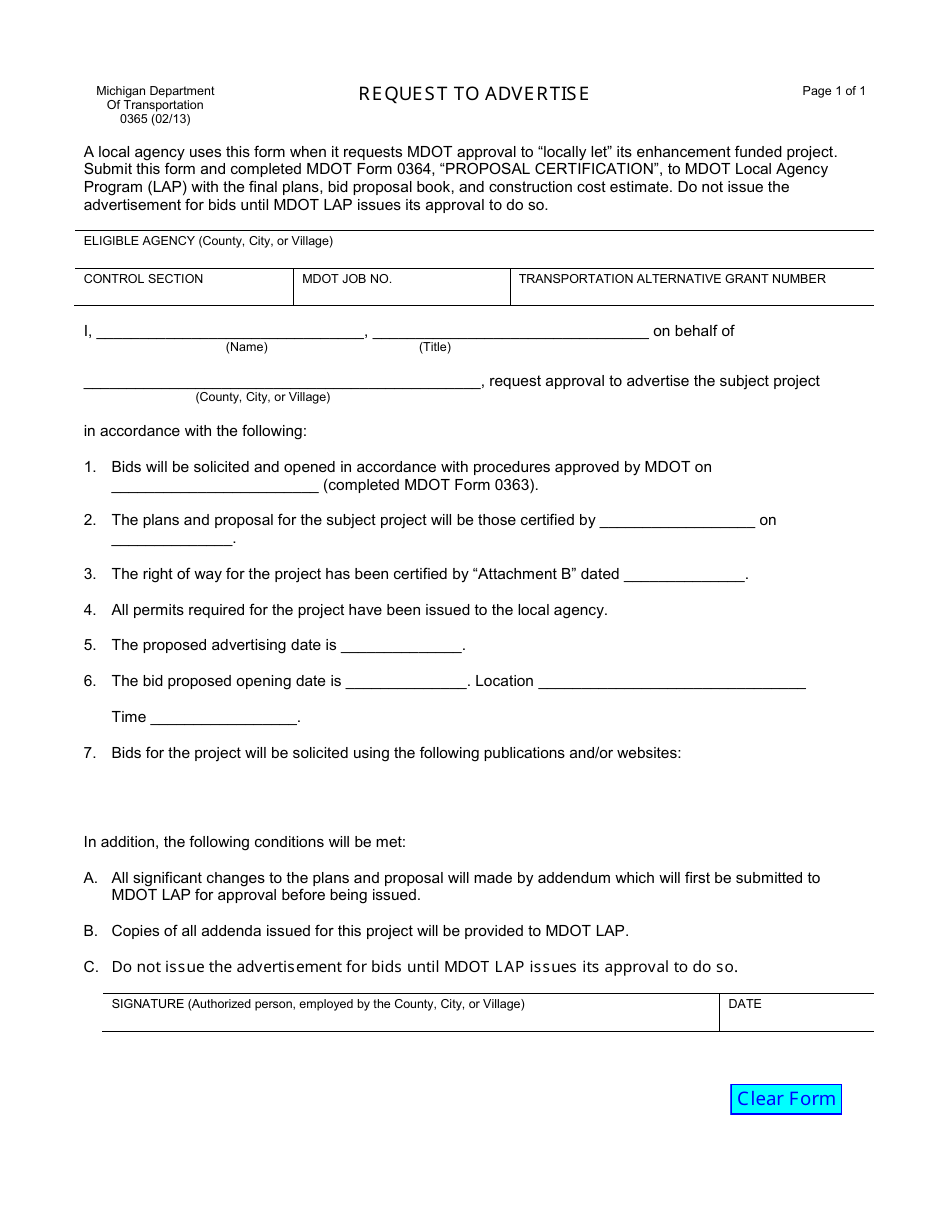 Form 0365 Request to Advertise - Local Agency Program - Michigan, Page 1