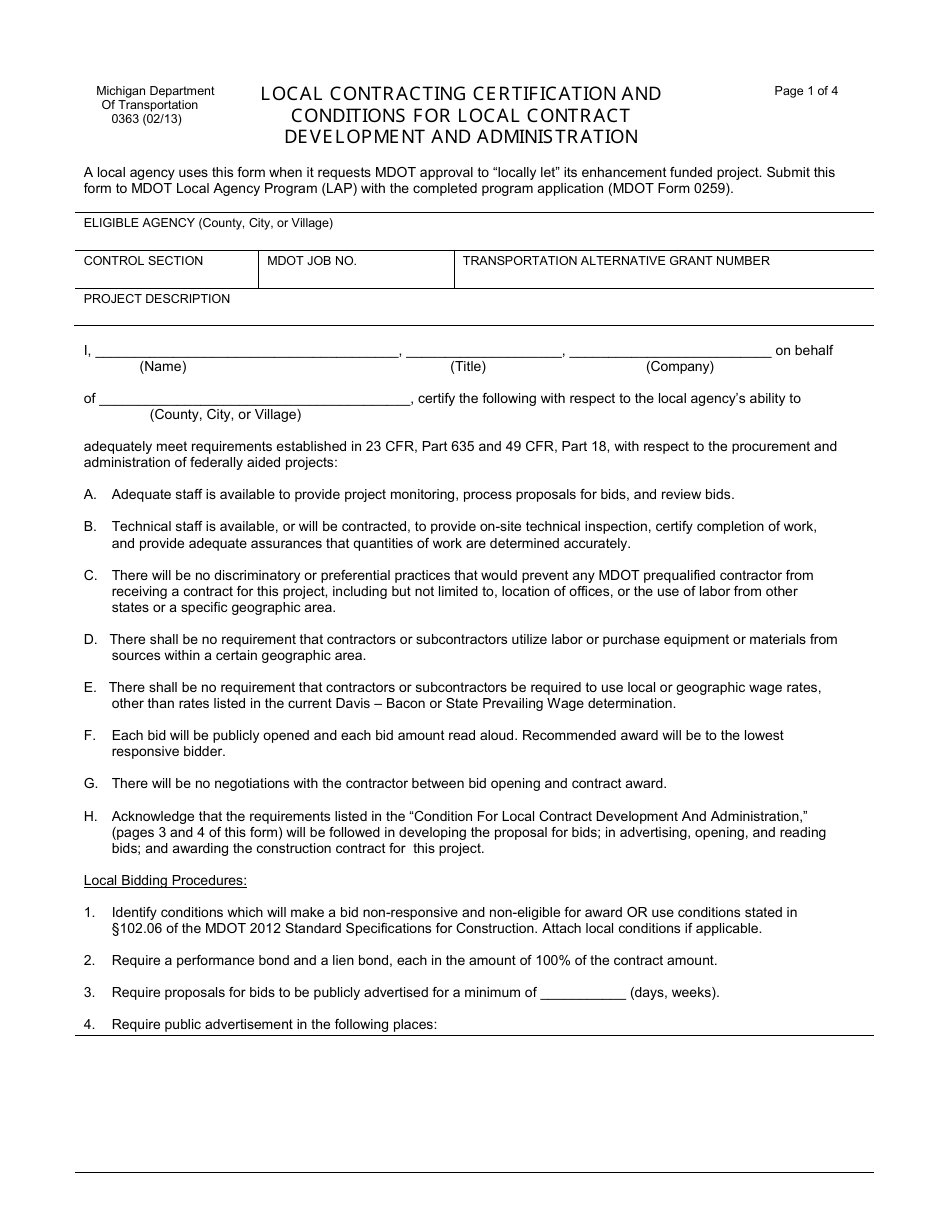 Form 0363 Local Contracting Certification and Conditions for Local Contract Development and Administration - Michigan, Page 1