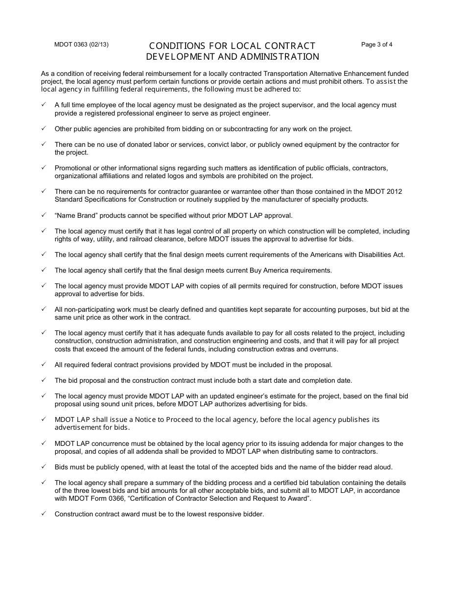 Form 0363 Local Contracting Certification and Conditions for Local Contract Development and Administration - Michigan, Page 3