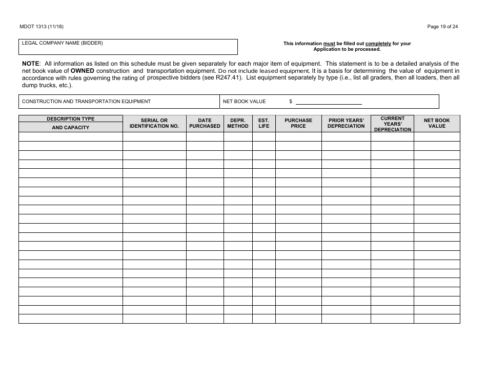 Form 1313 Confidential Construction Prequalification Application - Michigan, Page 19