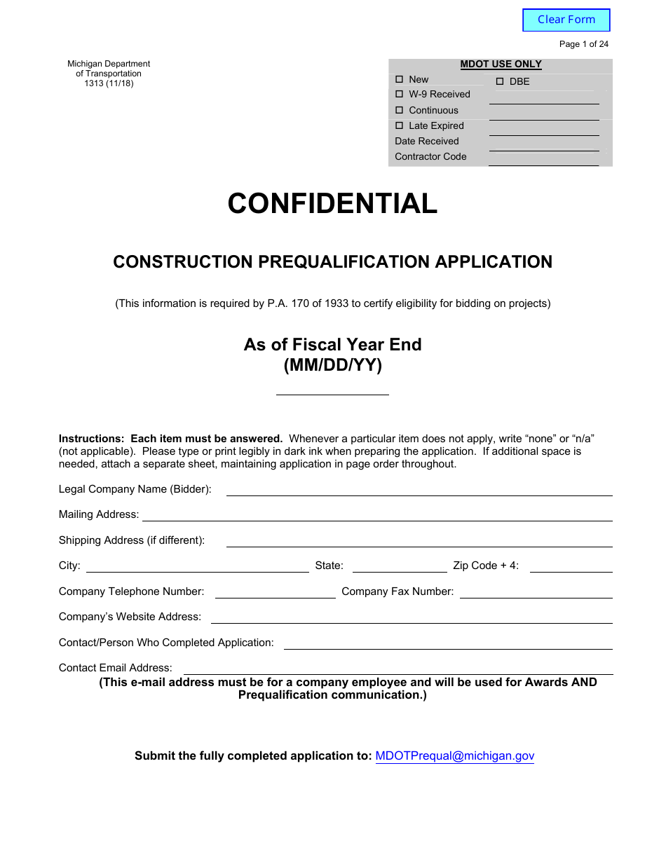 Form 1313 Confidential Construction Prequalification Application - Michigan, Page 1