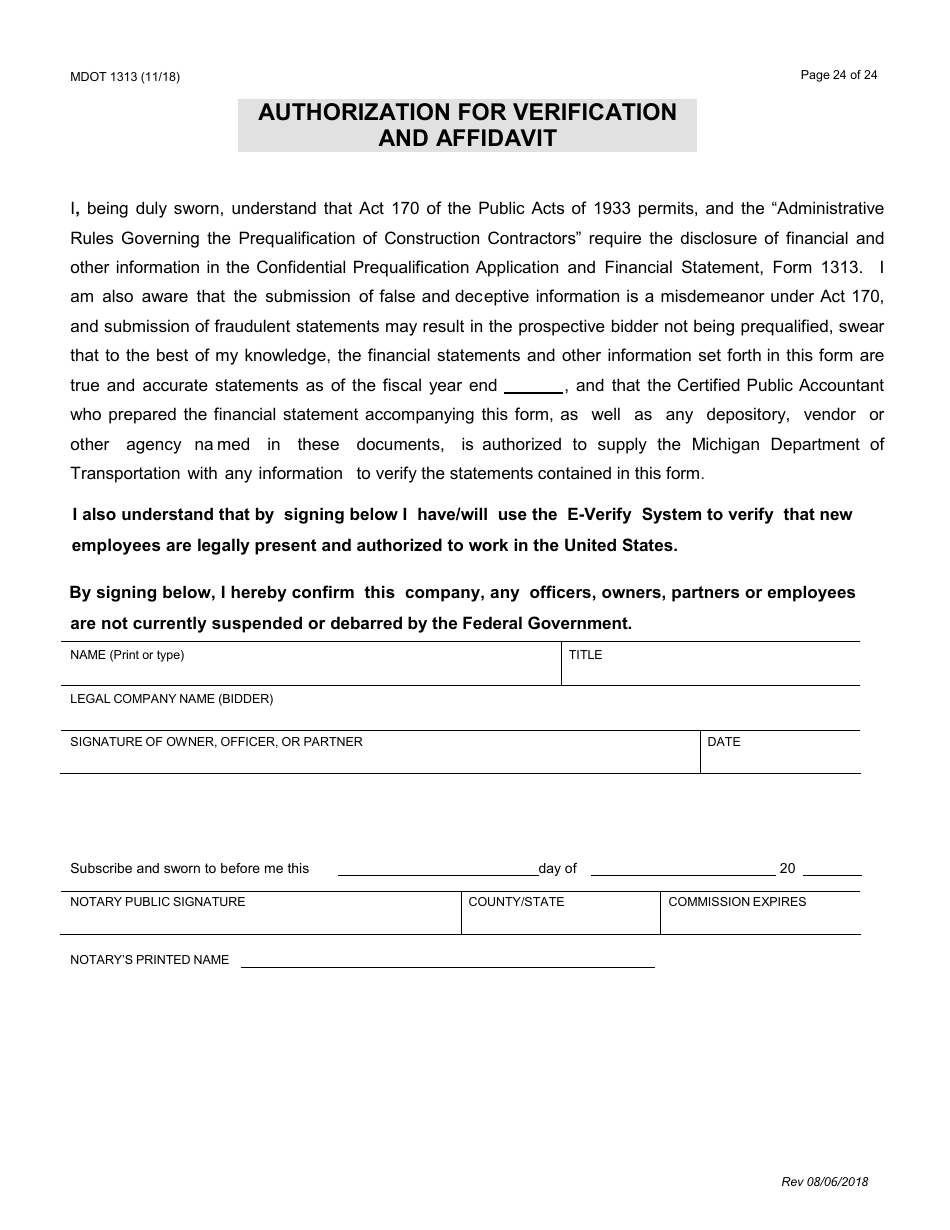 Form 1313 Confidential Construction Prequalification Application - Michigan, Page 24