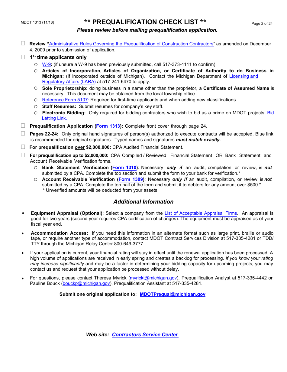 Form 1313 Confidential Construction Prequalification Application - Michigan, Page 2