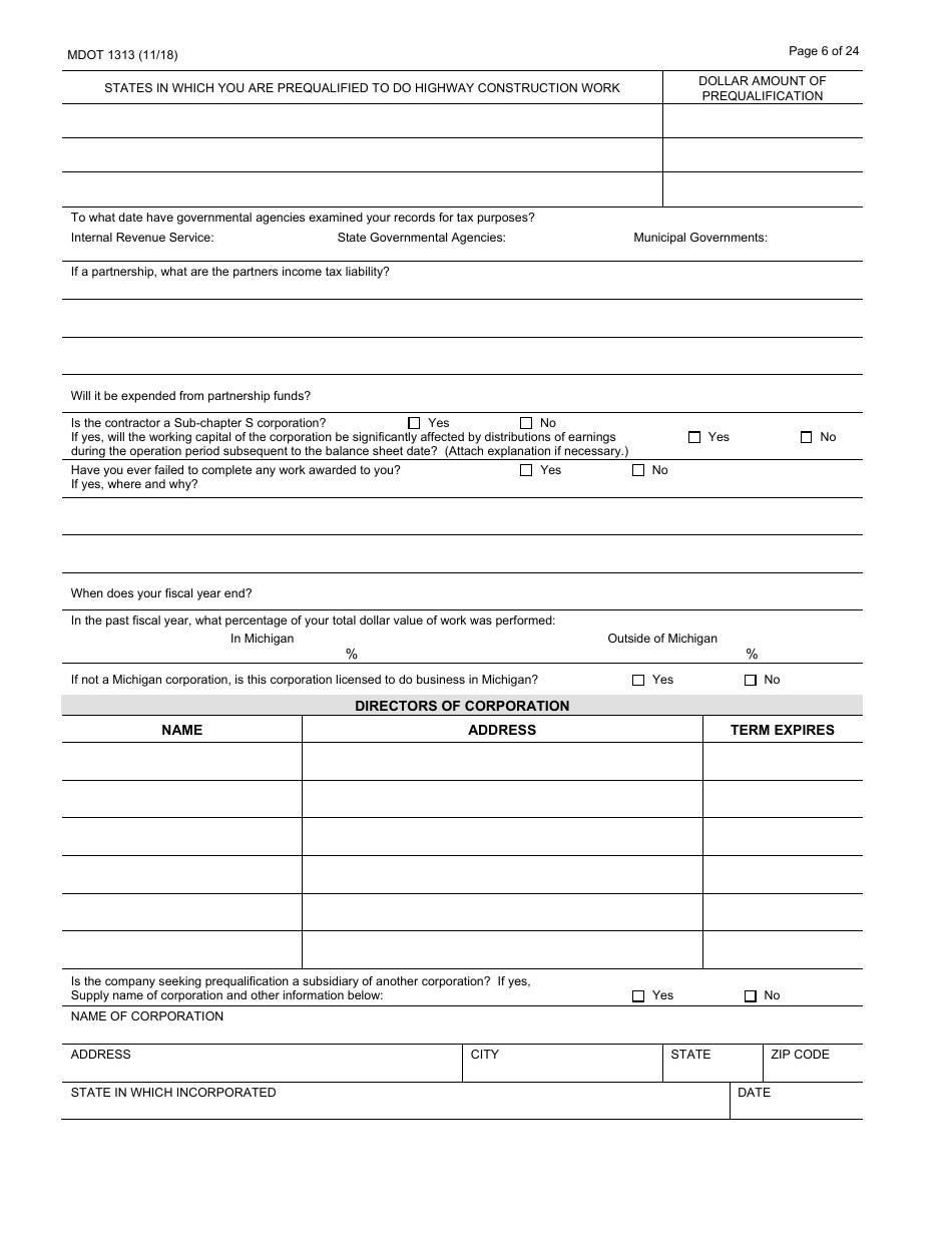 Form 1313 Confidential Construction Prequalification Application - Michigan, Page 6