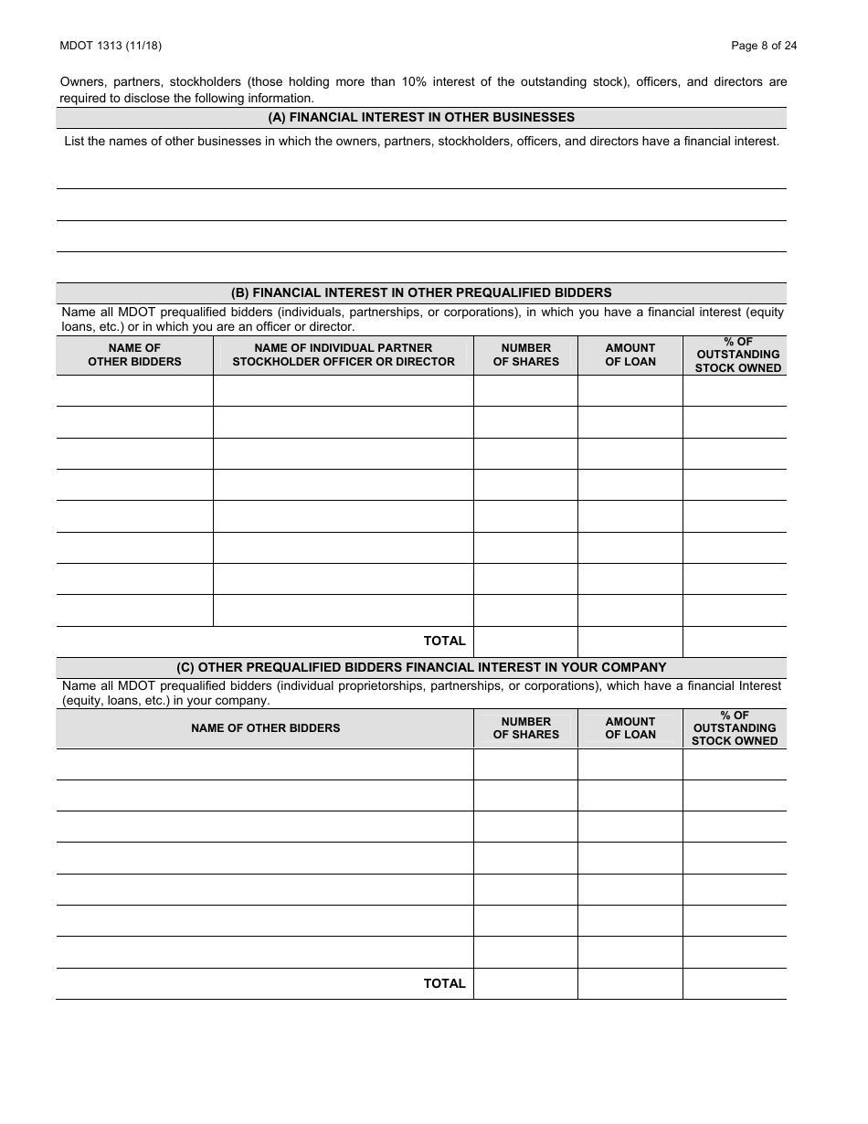 Form 1313 Confidential Construction Prequalification Application - Michigan, Page 8