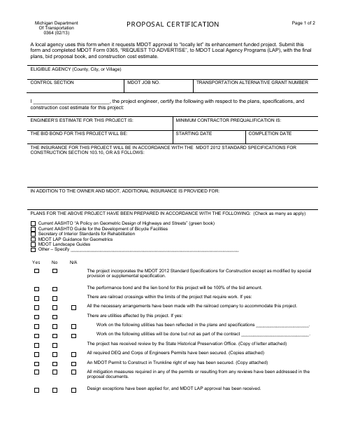 Form 0364 Proposal Certification - Michigan