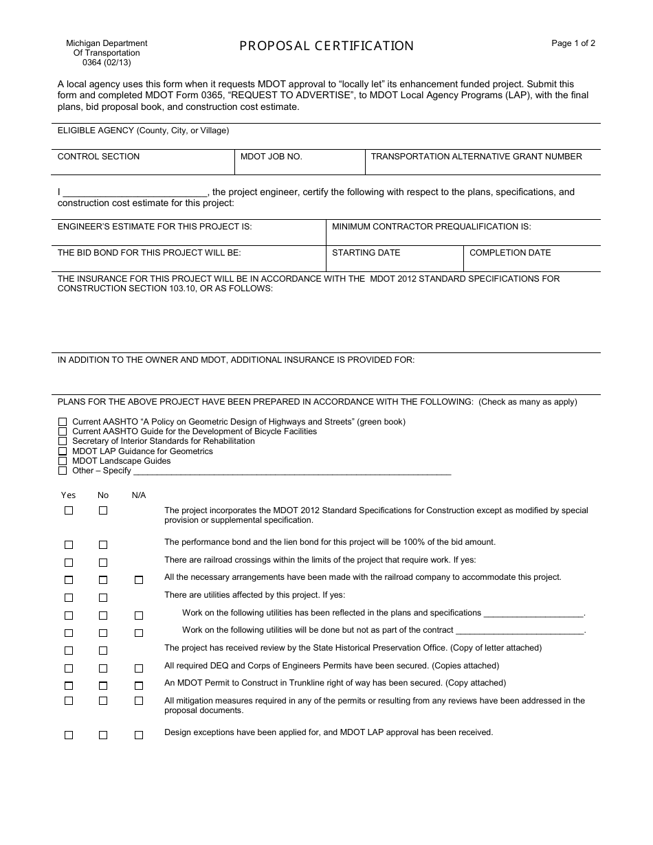 Form 0364 Proposal Certification - Michigan, Page 1