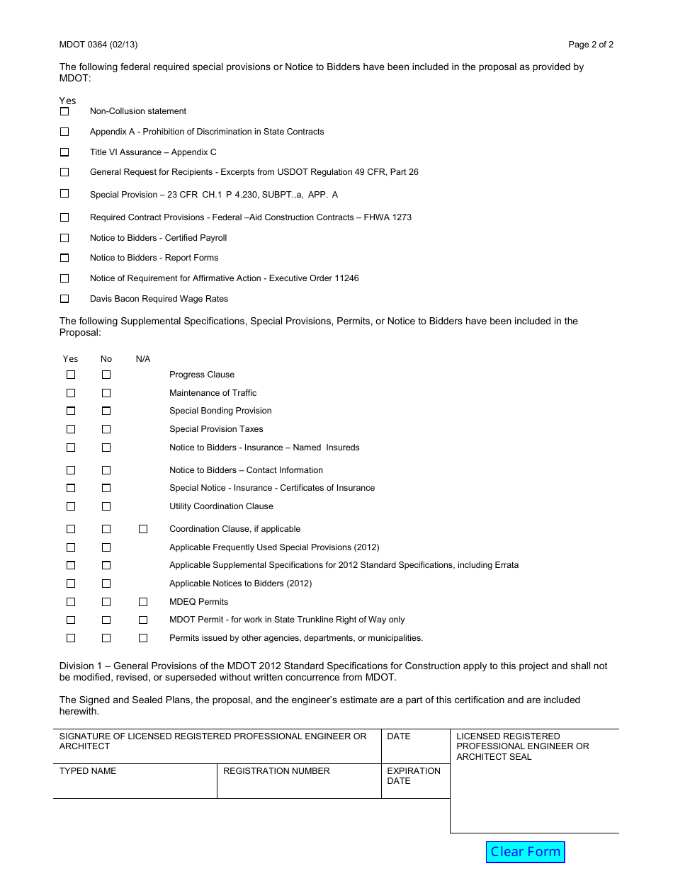 Form 0364 Proposal Certification - Michigan, Page 2