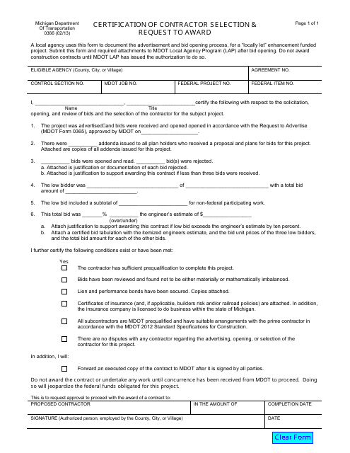 Form 0366 Certification of Contractor Selection & Request to Award - Michigan
