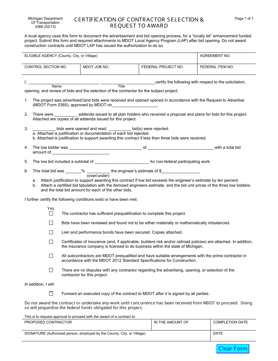 Form 0366 Certification of Contractor Selection  Request to Award - Michigan, Page 1