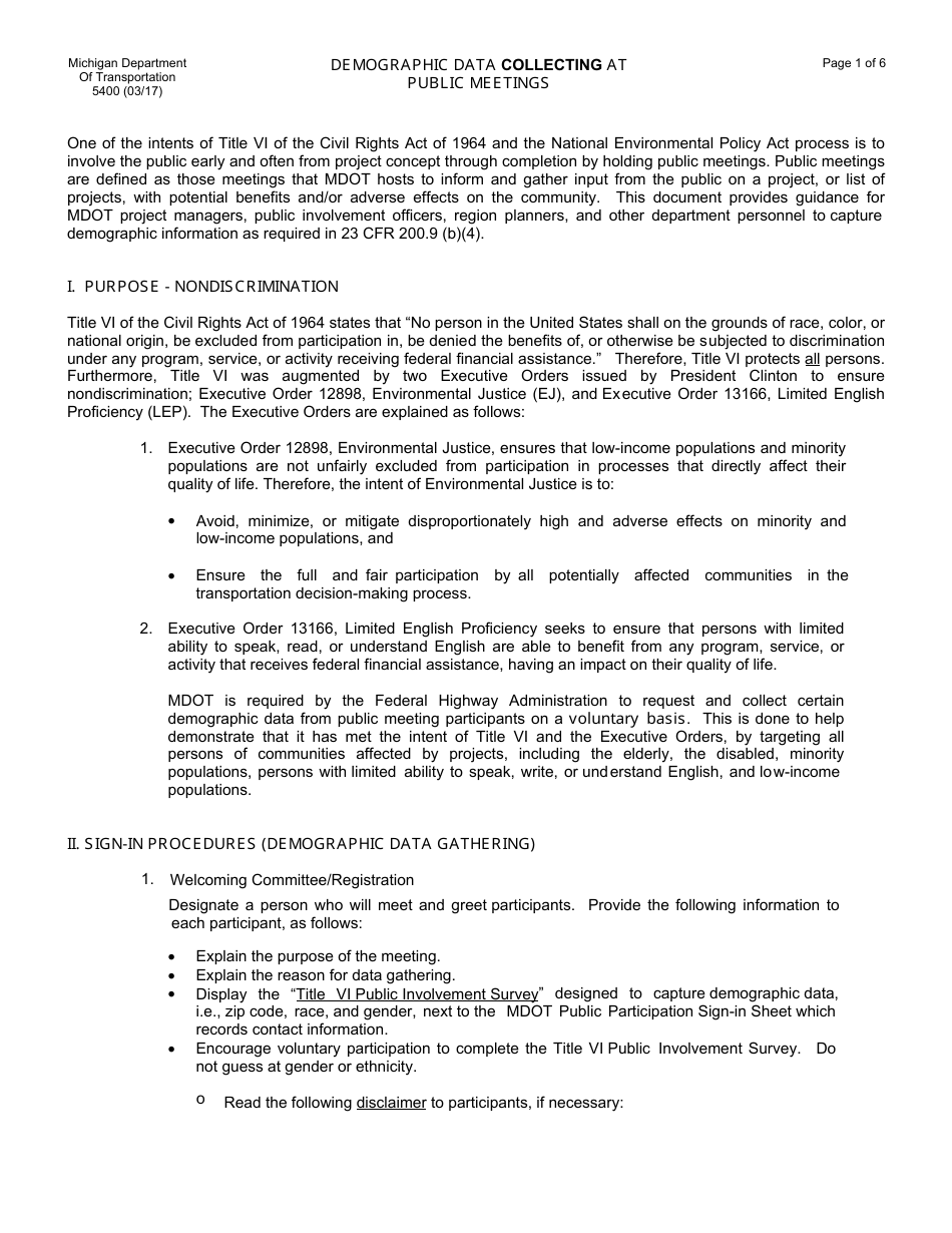 Form 5400 Public Involvement Survey - Michigan, Page 1