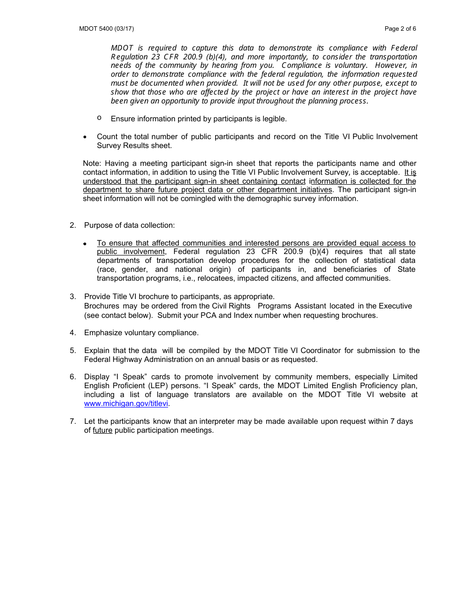 Form 5400 Public Involvement Survey - Michigan, Page 2